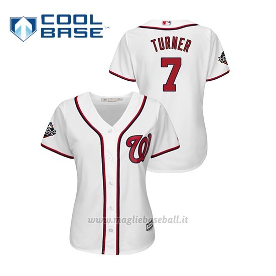 Maglia Baseball Donna Washington Nationals 7 Trea Turner 2019 World Series Bound Cool Base Bianco
